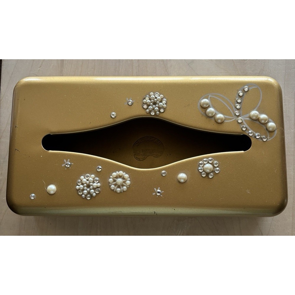 Vtg Ransburg Gold Metal Tissue Holder Rhinestone Faux Pearl Hollywood Regency